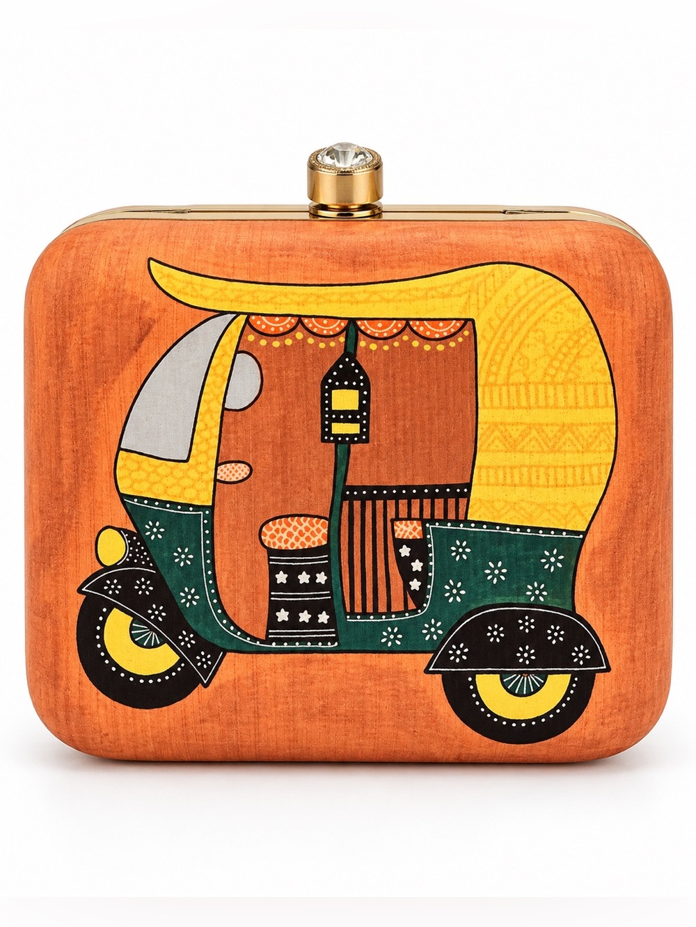 Boho Tuk Tuk Rickshaw Hard Clutch Purse Orange Gold Festival Statement Bag